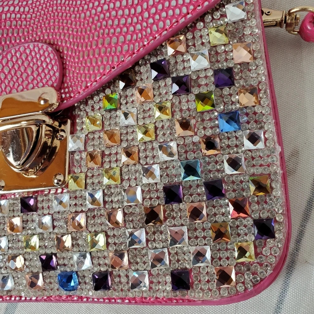 Rhinestone Embellished Crossbody Bag Pink Reptile Envelope Style Barbiecore - Picture 6 of 16